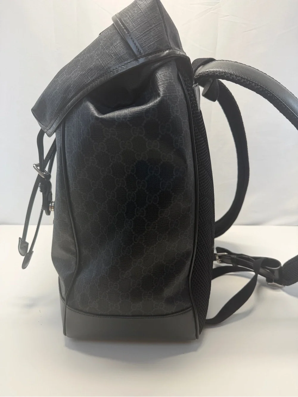 Gucci Black Monogram Leather-Trim Backpack